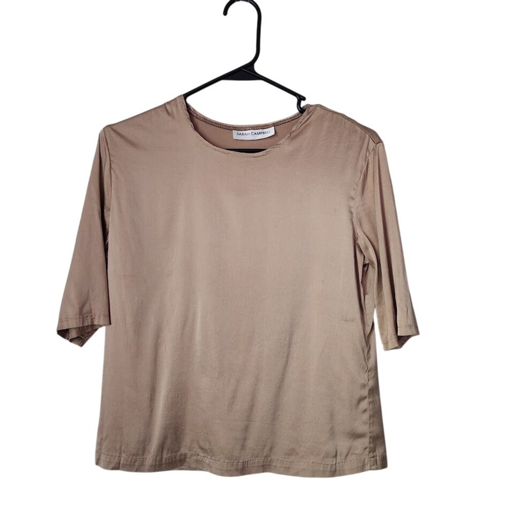 SARAH‎ CAMPBELL Silk Short Sleeve Tee Shirt Classic Minimalist Blouse latte